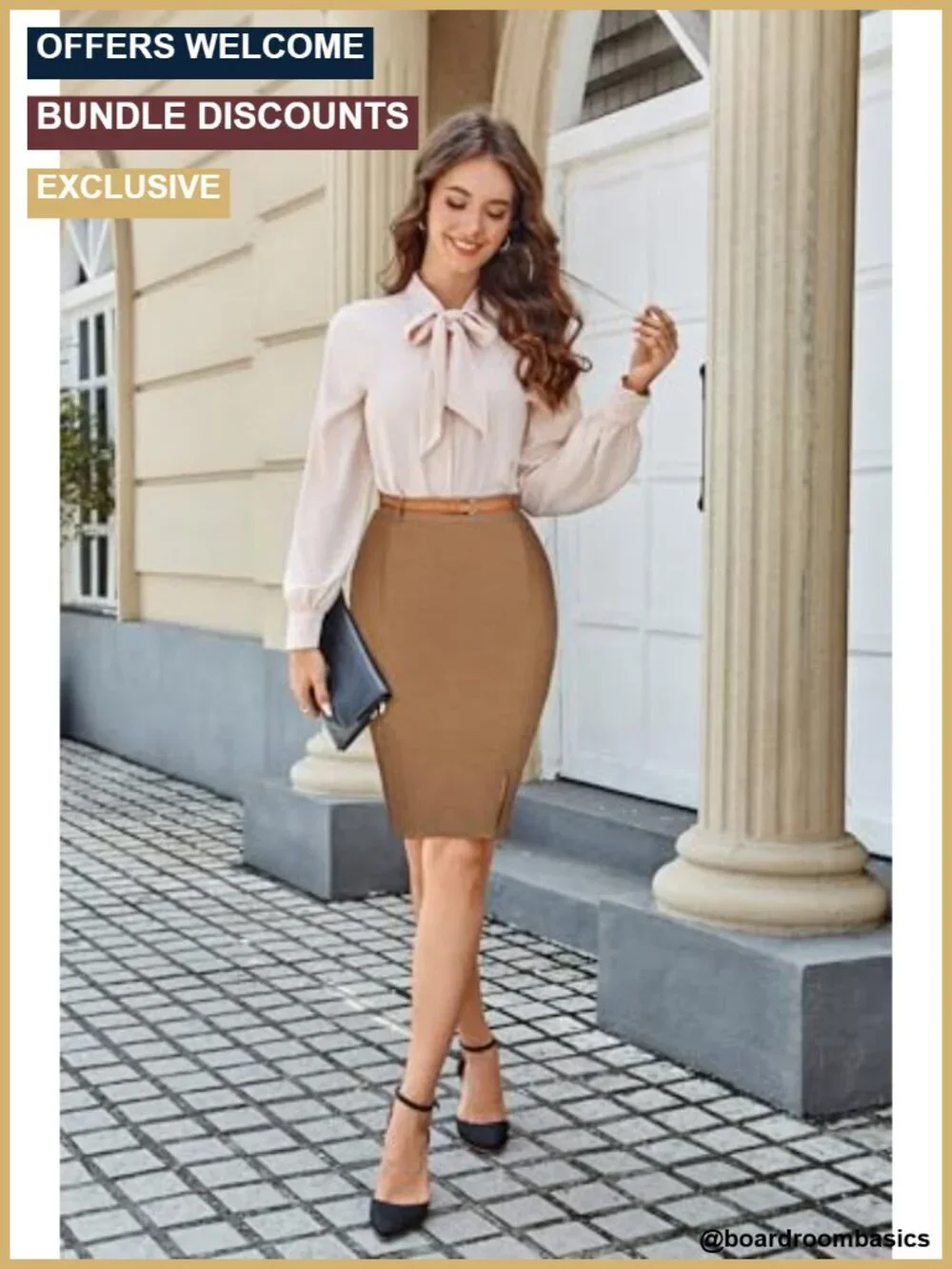Tweed Pencil Skirt with Slit and Belt, Knee Length, Back Zip, Slim Fit,